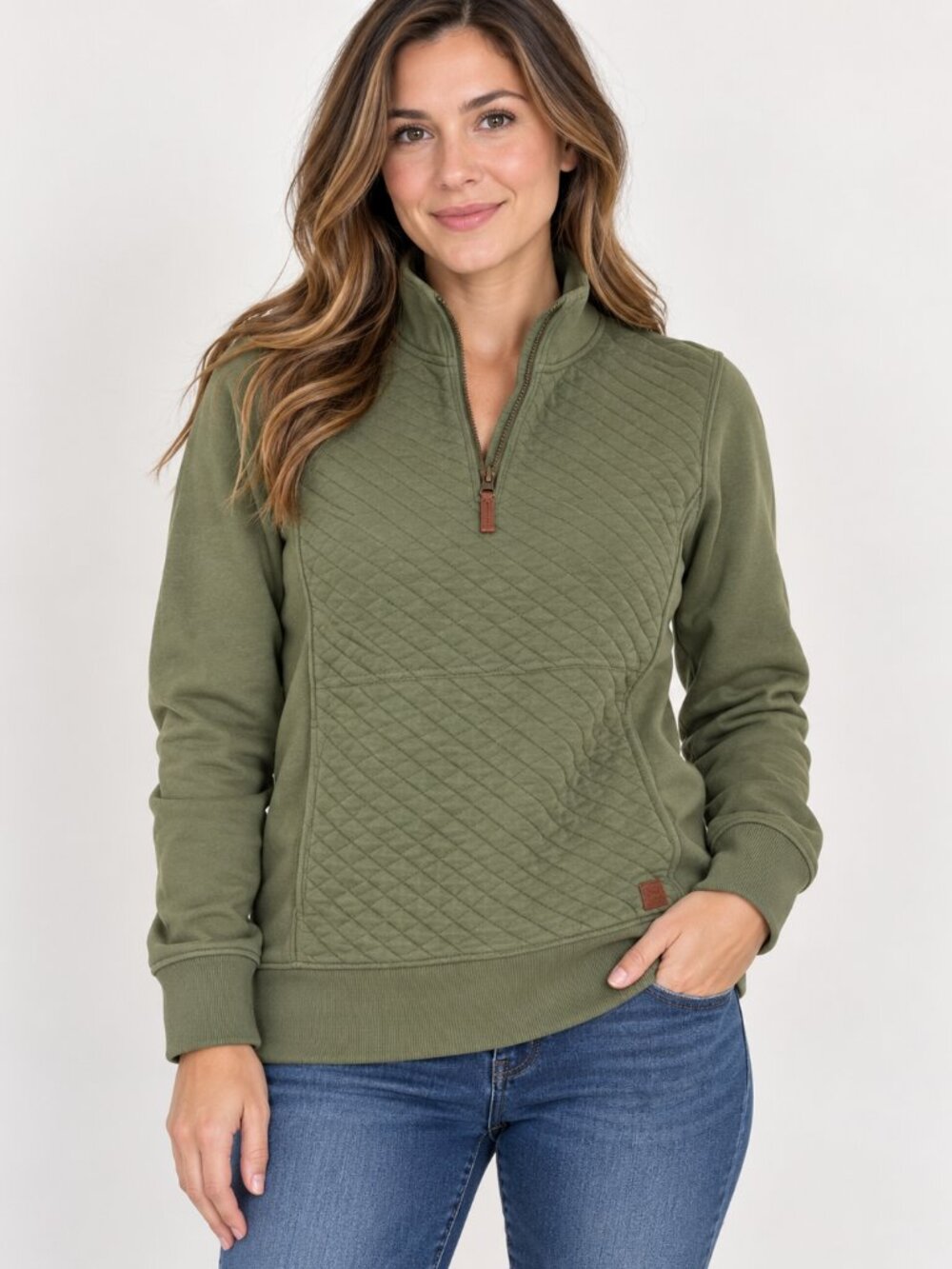 L.L.Bean Women’s M Olive Green Quilted Quarter Zip Pullover Sweatshirt